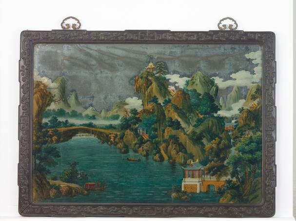 紫檀木边画玻璃挂屏