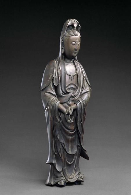 “石叟”款铜嵌银丝观音菩萨立像