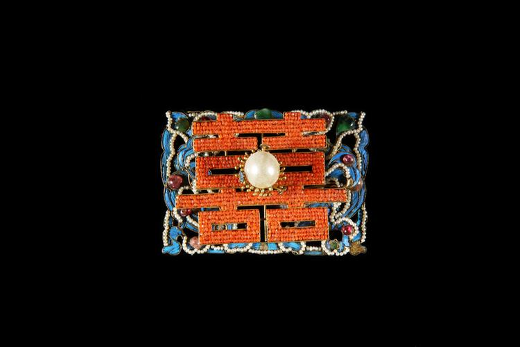 铜镀金点翠嵌珠宝双喜纹钿花