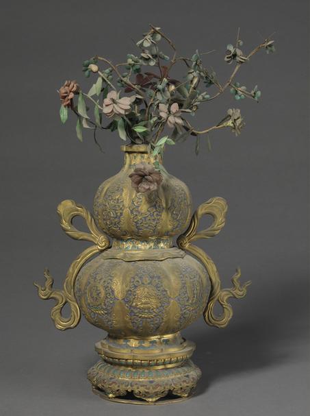 铜镀金嵌玉石玻璃葫芦式瓶玻璃花卉珊瑚天竹瓶景