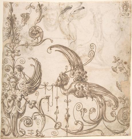 attributed to Andrés de Melgar--Grotesque of Winged Female Term [] and Bird - Creature