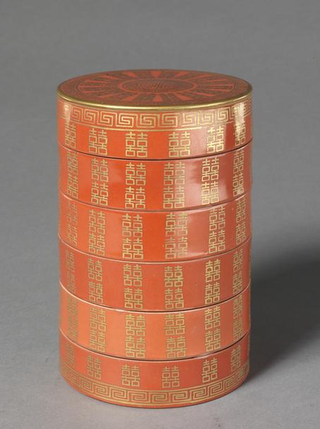 燕喜同和款红地金彩喜字六节圆盒