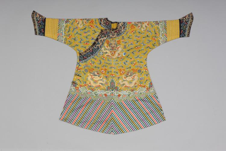 明黄色纳纱彩云蝠寿金龙纹男单龙袍