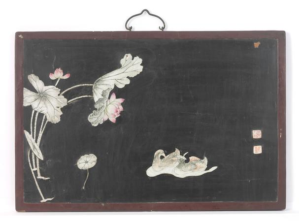 漆镶嵌瓷花鸟图挂屏