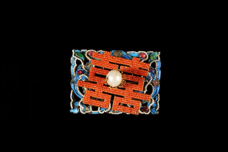 铜镀金点翠嵌珠宝双喜纹钿花