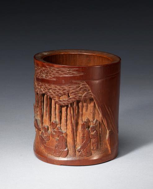 竹雕竹林七贤图笔筒