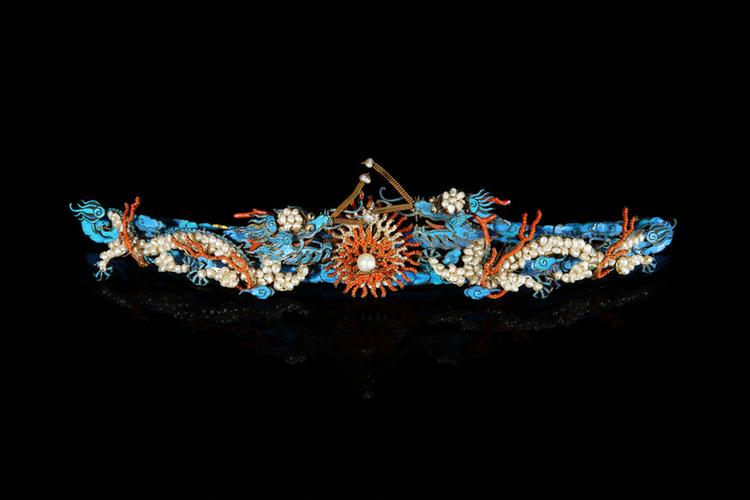 银镀金点翠嵌珠双龙纹长簪