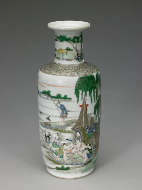 五彩渔家乐图棒槌瓶