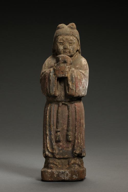 木雕彩绘持物男童立像