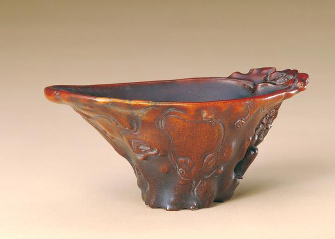 犀角雕富贵万代图杯