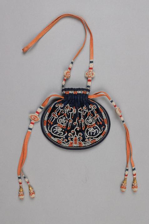 蓝色漳绒穿珠葫芦海水纹荷包