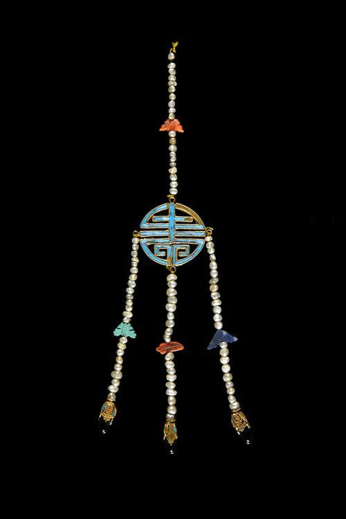 银镀金点翠穿珠寿字纹流苏