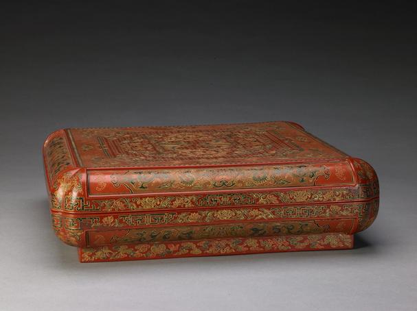 乾隆款戗金彩漆喜相逢纹方形委角盒