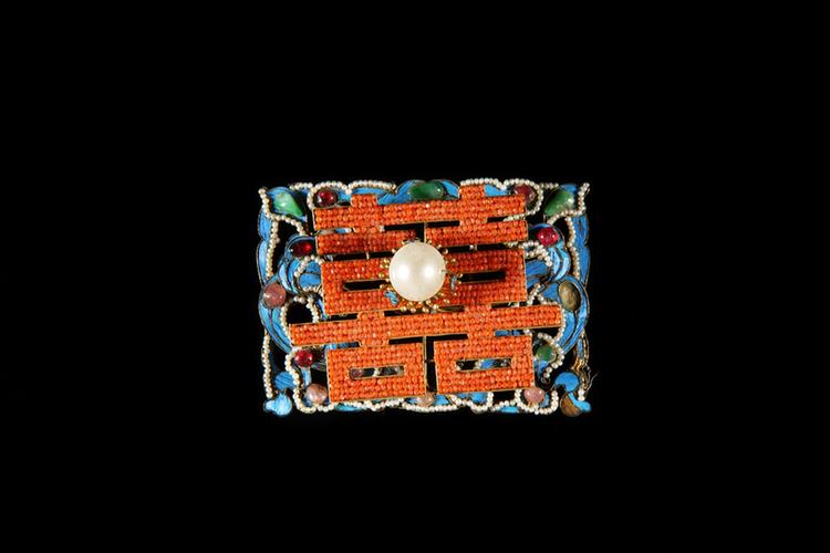 铜镀金嵌珠宝点翠双喜纹钿花