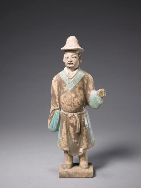 陶孔雀绿加紫釉男立俑