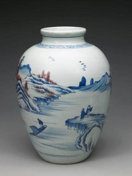 青花釉里红山水图罐