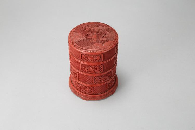 剔红山水人物图开光花卉纹三层圆套盒