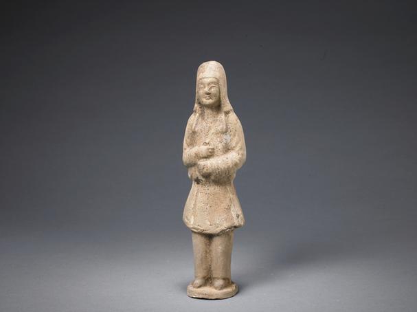 陶黄釉画彩拱手男立俑