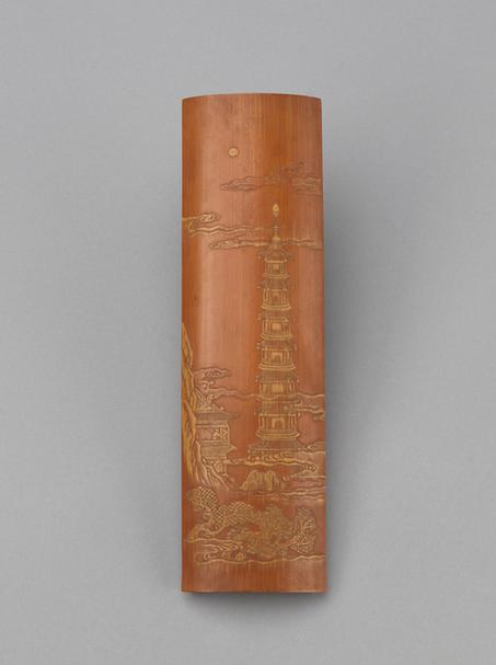 留青竹雕塔影楼阁图臂搁