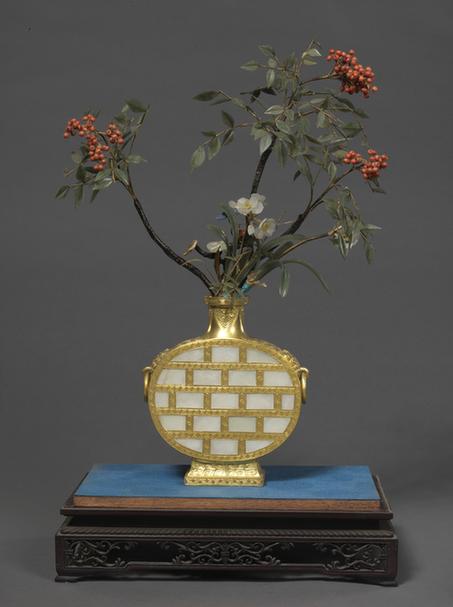 铜镀金嵌白玉背壶式瓶玉石天竹瓶景