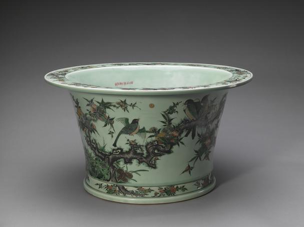 冬青釉五彩加金花鸟纹大花盆