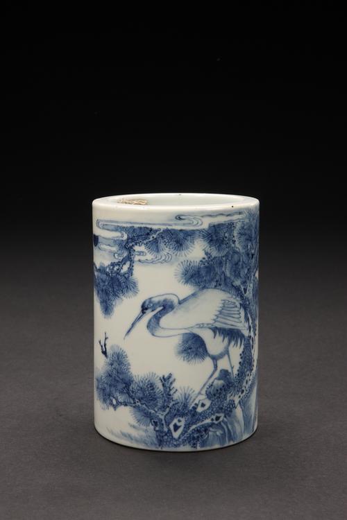 光绪款青花松鹤纹笔筒