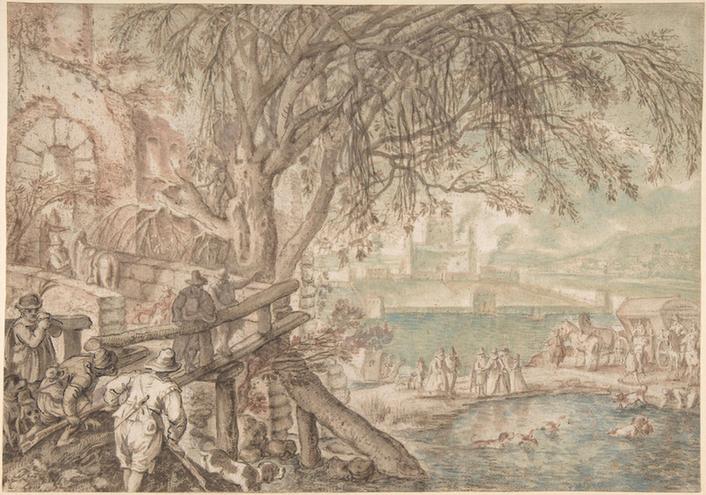 Pieter Stevens--Huntsmen and Company Observing Dogs Retrieving Ducks