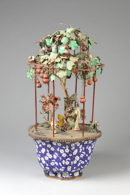 画珐琅梅花式盆玉石玻璃花果盆景