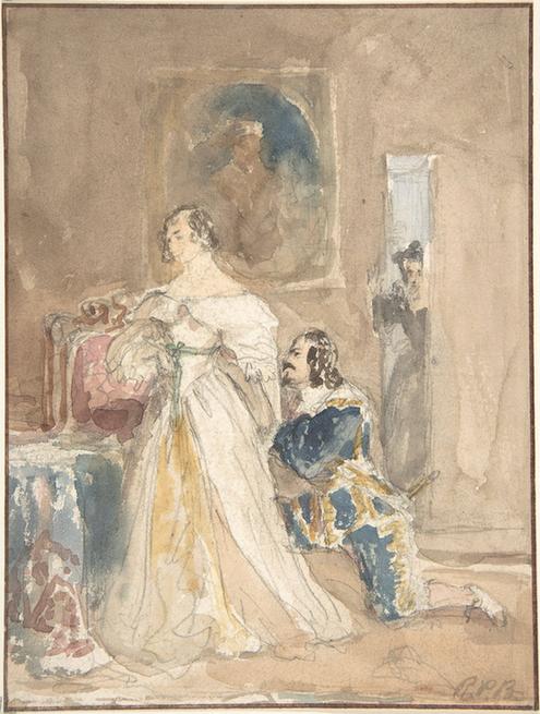 Attributed to Richard Parkes Bonington--The Proposal (recto); Unfinished drawing