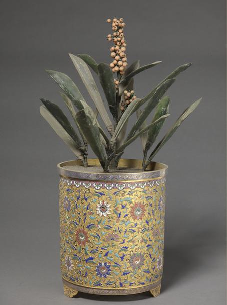 錾胎珐琅筒式盆碧玉万年青盆景