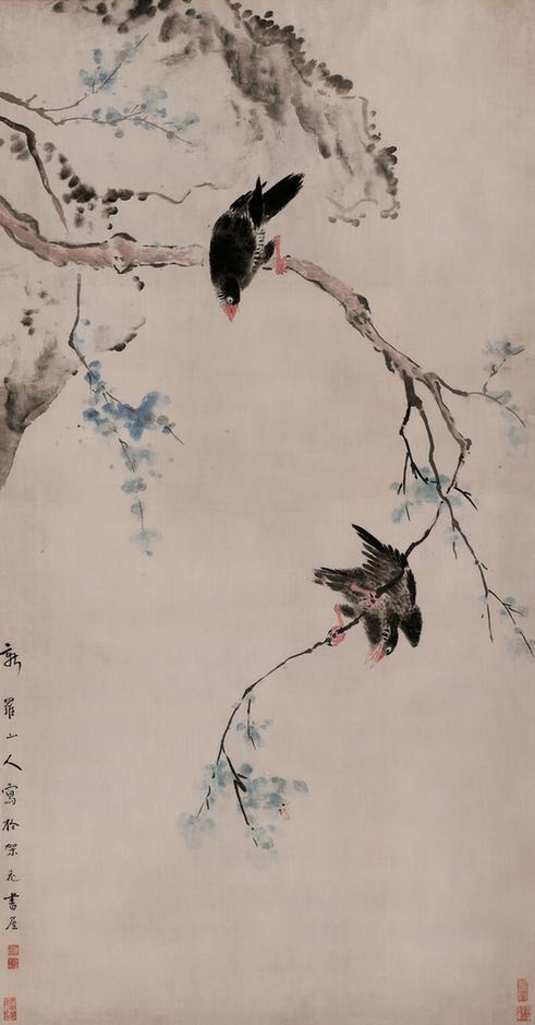 设色鸲鹆双栖图