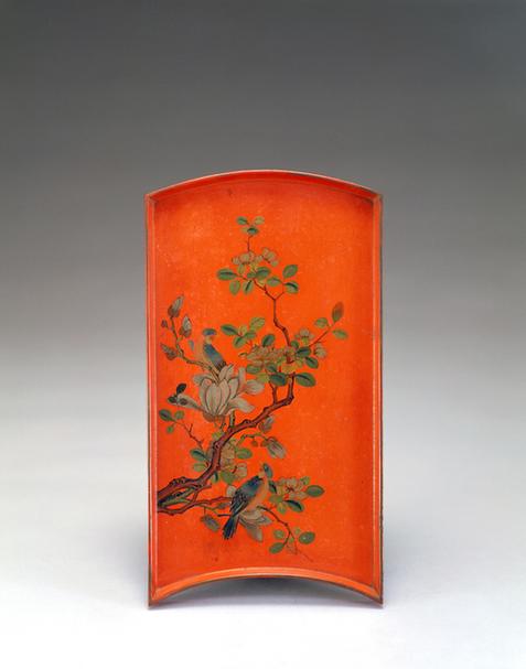 雍正款描彩漆花鸟图圭式盘