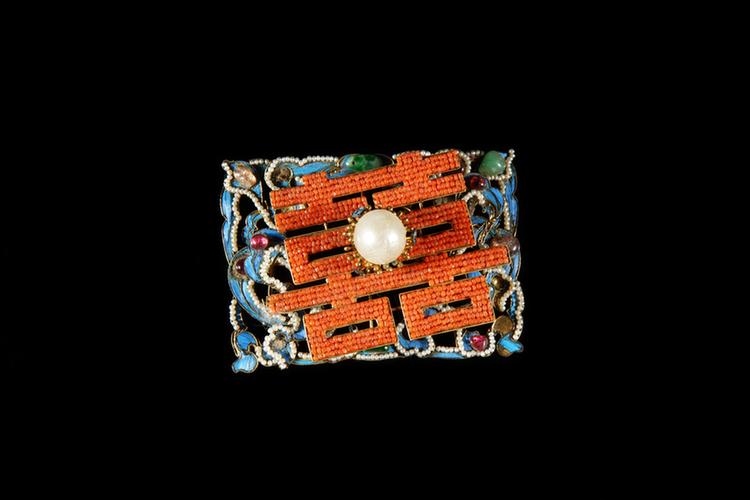 铜镀金点翠嵌珠宝双喜纹钿花