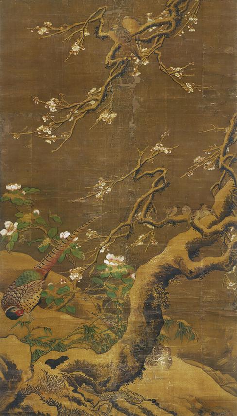 雪梅集禽图立轴