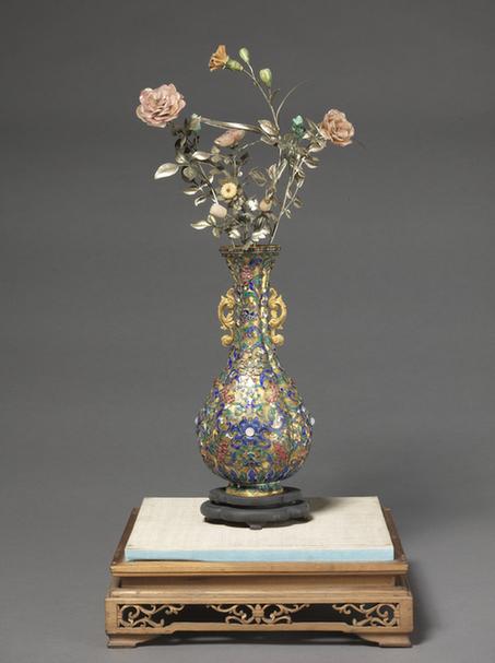 银烧蓝嵌玉石玻璃海棠式瓶粉色玻璃月季瓶景