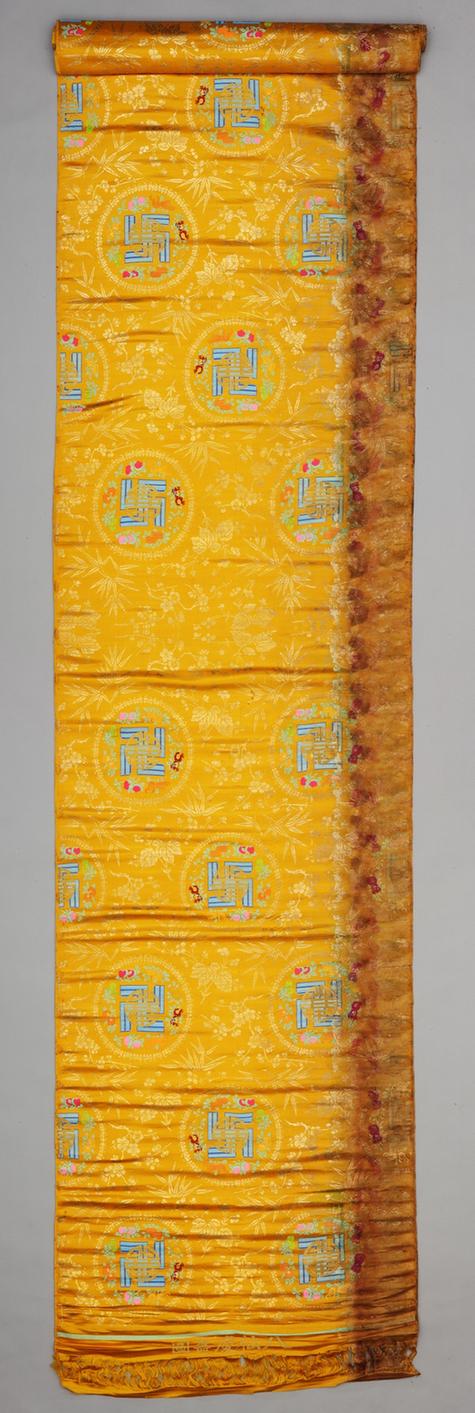 明黄色灵竹梅团万寿纹妆花缎