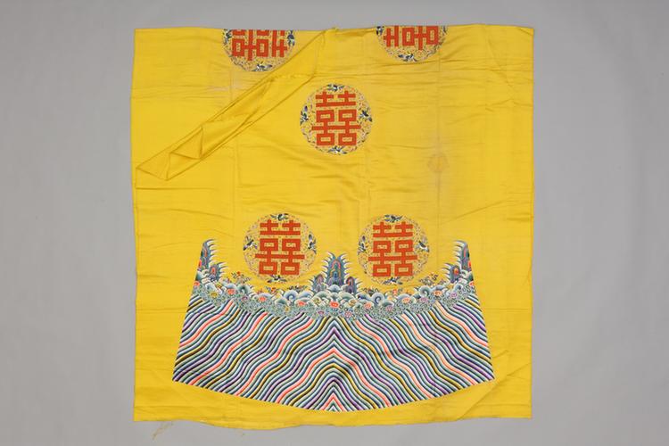 明黄色绸绣八团有水缉珊瑚珠雀梅双喜字纹袍料