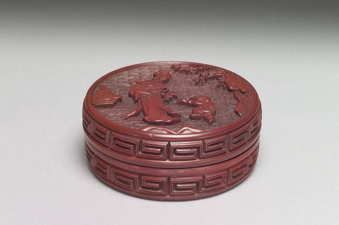 雕漆戏婴图小圆盒