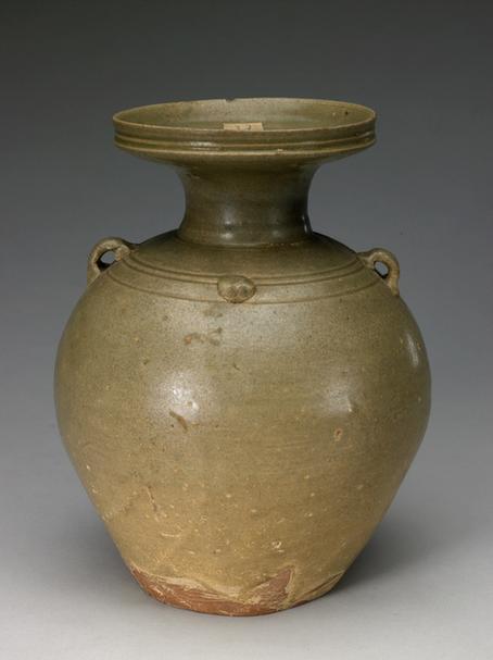 青釉弦纹双系盘口瓶