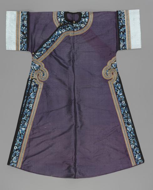 茄紫色团龙纹暗花芝麻纱单氅衣