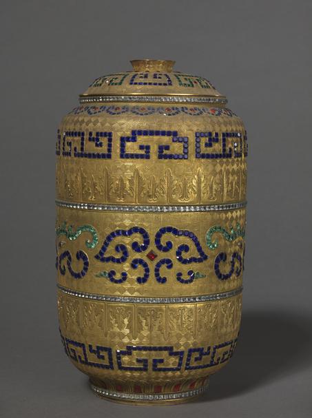 铜镀金嵌料石盖罐