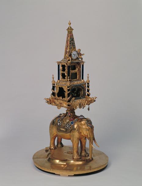 铜镀金象驮水法塔式音乐钟