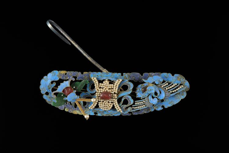 点翠镶料石鹤福寿纹头花