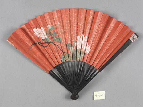 乌木股嵌银丝边画花卉图面折扇