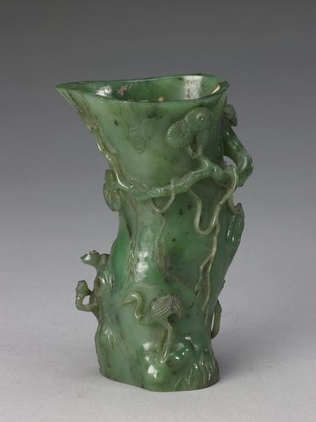 碧玉浮雕灵鹤松椿树桩形花插