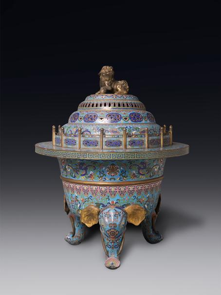 掐丝珐琅蕉叶夔龙纹圆形象首三足熏炉