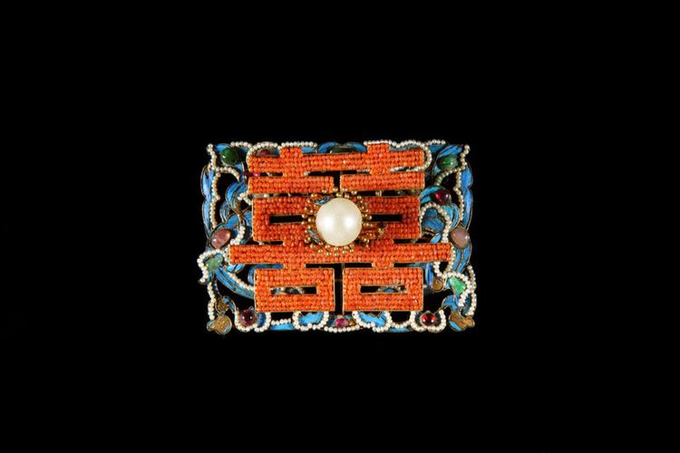 铜镀金点翠嵌珠宝双喜纹钿花