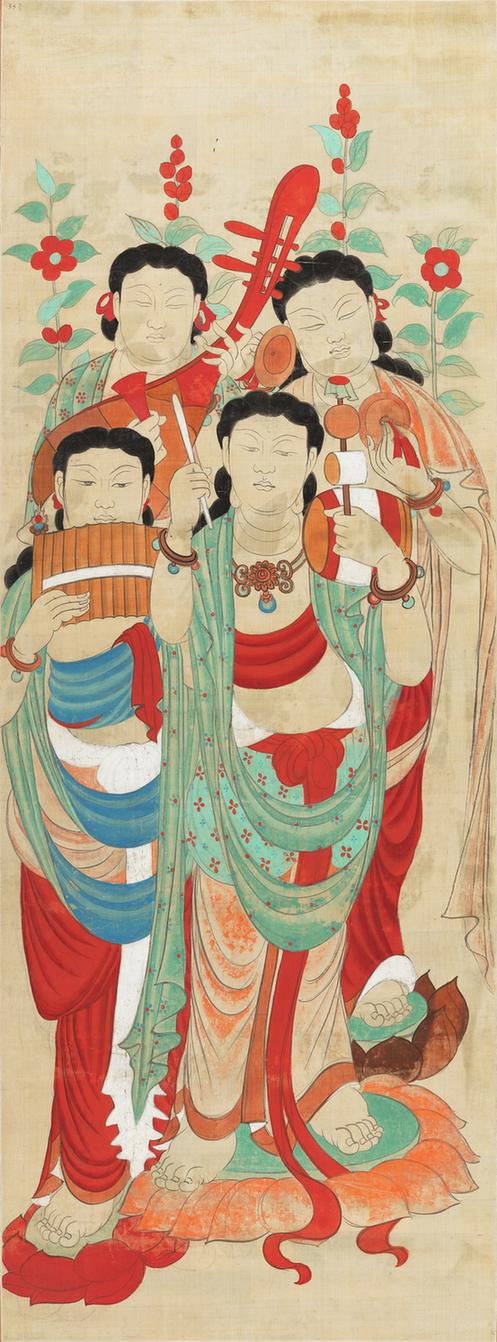 张大千临摹敦煌壁画初唐伎乐菩萨四身像