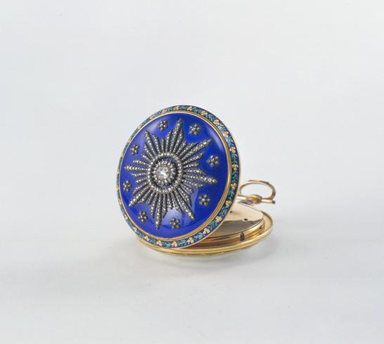 铜镀金镶料石花烧蓝怀表