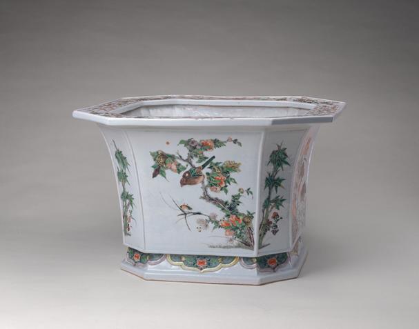 五彩加金花鸟纹八方花盆